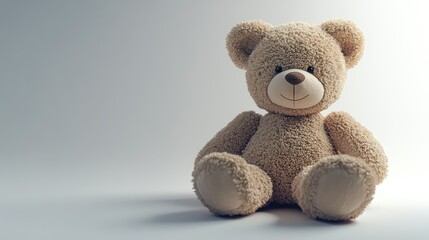 Obraz premium The photo shot of a smiling stuffed big brown teddy bear sitting on a ground isolated on white background.