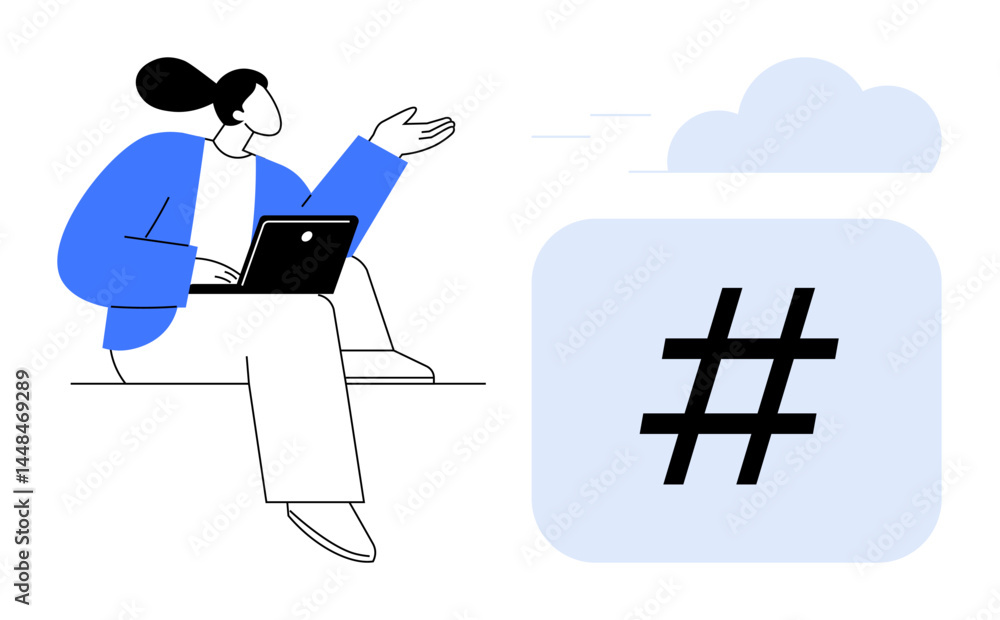 Aufkleber professional woman using a laptop while gesturing towards a bold metadata tag icon with clouds for c