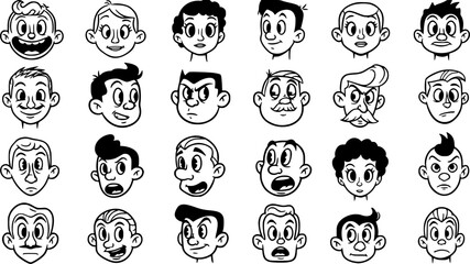 20 Retro Cartoon Faces Black and White Clipart Vintage Expressions
