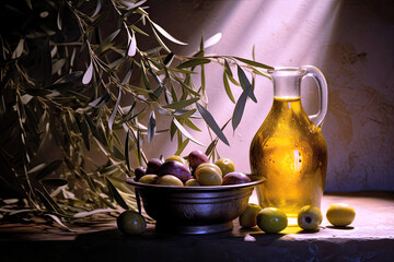 Olive oil with backlight and branch on ancient tree