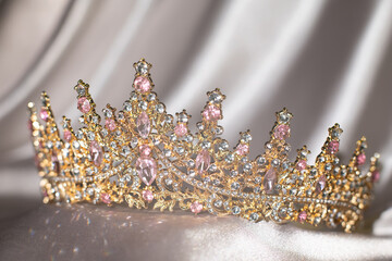 Royal crown for queen and princess, beauty contest. Morganite gemstones