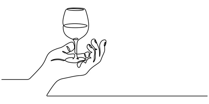hand holding wine glass line art style illustration vector eps 10, Single line drawing of a champane celabrations, Hand drawn hands hold wine clinking glasses one line art,continuous drawing contour. 
