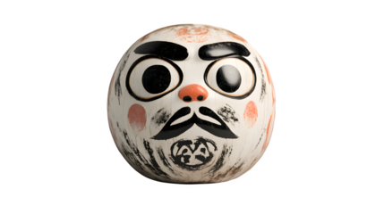 A white Daruma doll with bold black eyebrows and one eye painted, symbolizing a wish to be fulfilled, slightly weathered surface, isolated on transparent background
