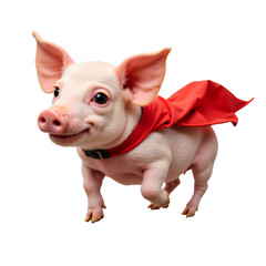 Superhero pig wearing red cape isolated on white background