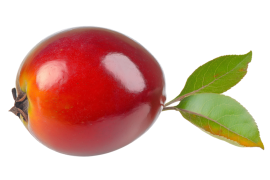 a bright red apple with a green leaf and a short brown stem isolated on a white background