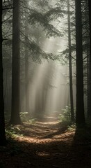 Naklejka premium Misty forest at sunrise, light rays piercing through tall pine trees