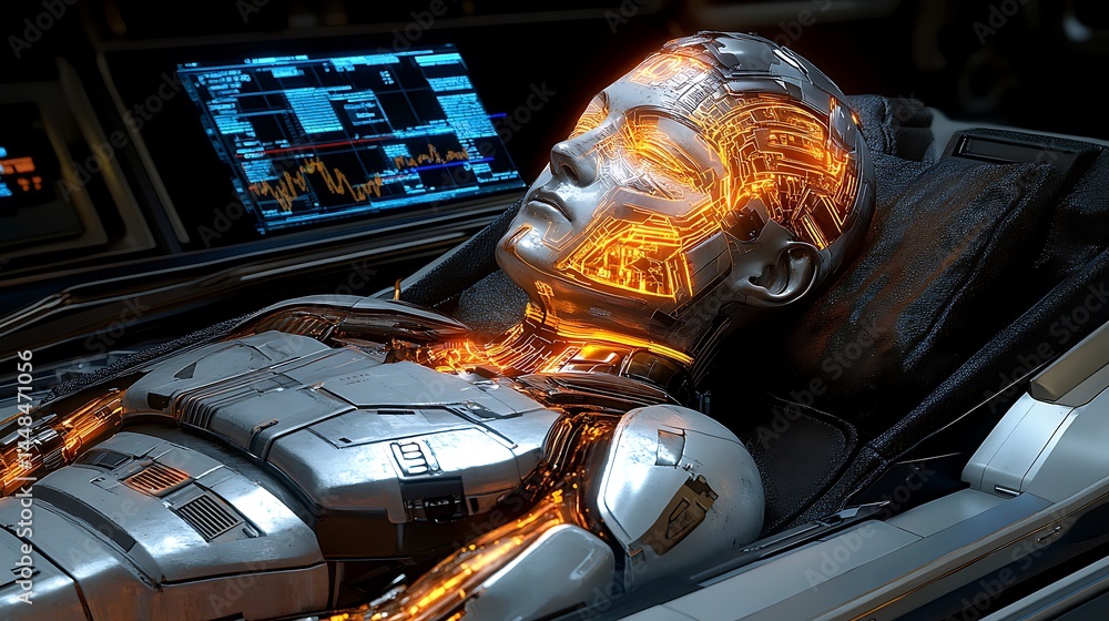 Aufkleber advanced robotic figure resting in a futuristic pod.