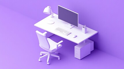 Simple, minimalist, computer workspace design in isometric view.