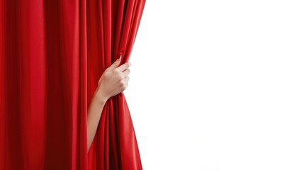 Woman opening red front curtains on white background,