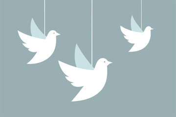 Obraz premium Minimalist Illustration of Three White Doves Suspended Against a Light Blue Background