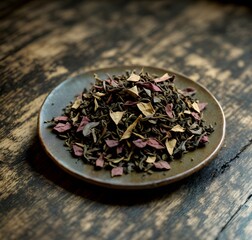 Macro shot of a small pile of tea leaves on a polished wooden surface, showcasing intricate details. Generative AI