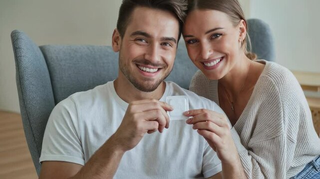 Happy couple holding condom package together at home. Contraception, family planning and safe sex concept for health care. Intimate relationship and protection.
