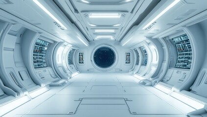Futuristic Spaceship Corridor: A Gleaming White Interior with Starry Viewport
