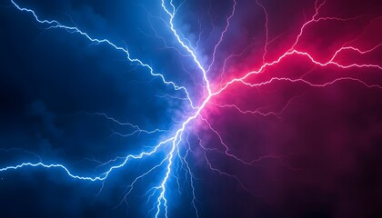 Dynamic Clash of Blue and Red Lightning