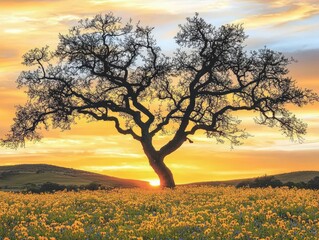 Golden sunset silhouettes a majestic tree atop a rolling hill, surrounded by a vibrant field of wildflowers. A serene and picturesque landscape