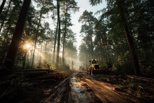 Bulldozers clear fallen logs and roots on a forest road, with shafts of sunlight cutting through dense trees and dust