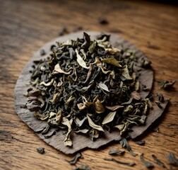 Macro shot of a small pile of tea leaves on a polished wooden surface, showcasing intricate details. Generative AI