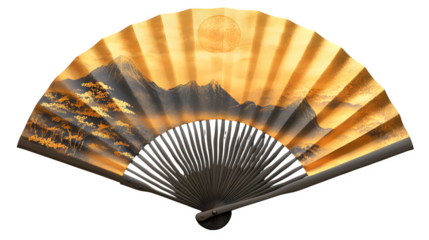 A ceremonial folding fan with golden sun and mountain motifs, silk surface reflecting light, isolated on transparent background