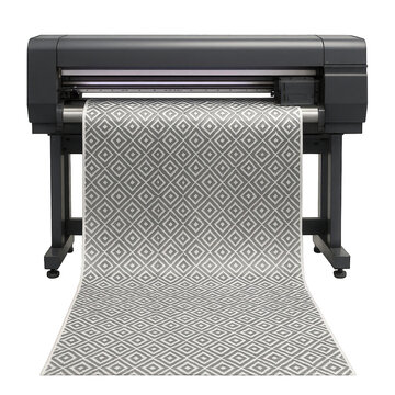A large industrial machine processes a continuous roll of patterned media featuring striking diamond shapes.