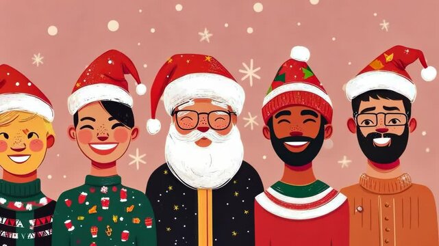 Diverse group of cheerful christmas characters in festive santa hats with sparkling background