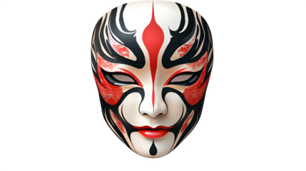 A colorful kabuki theater mask, bold red and black face paint design on white base, highly detailed, isolated on transparent background