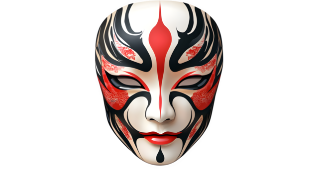 A colorful kabuki theater mask, bold red and black face paint design on white base, highly detailed, isolated on transparent background