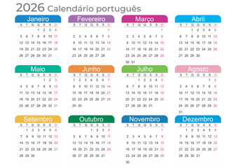 Calendar 2026 Year mockup. Portuguese version. Annual horizontal template with colored tabs on white background. Modern design. Editable format. EPS10.