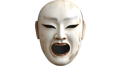 A dramatic Japanese noh mask, white painted face with fierce expression, realistic paint textures and wood grain, isolated on transparent background