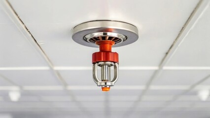 Automatic fire sprinkler system on a white tiled ceiling provides building safety
