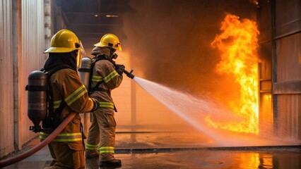Naklejka premium Firefighters extinguishing flames emergency response training exercise dangerous profession risk assessment