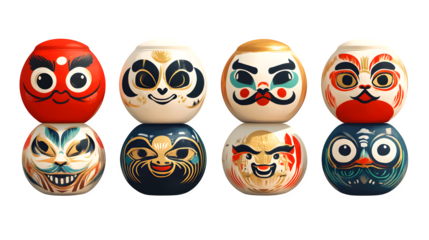A finely detailed hand-painted daruma stacking set, different colors representing different goals, isolated on transparent background