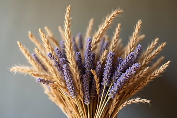 Close-up of a rustic bouquet featuring golden wheat stalks and fragrant purple lavender against a neutral background for a natural and calming aesthetic.