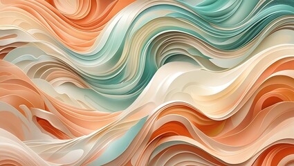 Fototapeta premium Ultra-High-Resolution Abstract Wave Pattern Background Featuring Intricate, Undulating Shapes in Warm Peach, Creamy White, and Soft Teal Tones with Subtle Texture, Gradient Shading, and Organic Curves