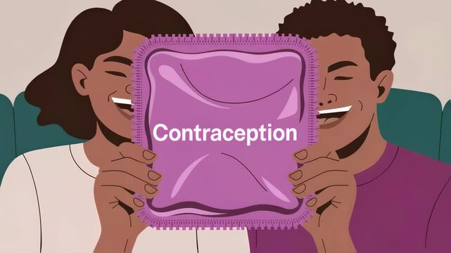 African american woman and african american man laugh together holding purple condom package in front of their faces for safe sex and family planning concept. Digital art.