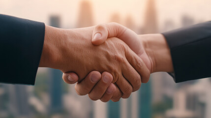 Two individuals in business attire shaking hands against a blurred cityscape background, symbolizing a professional agreement or partnership.