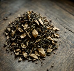 Macro shot of a small pile of tea leaves on a polished wooden surface, showcasing intricate details. Generative AI