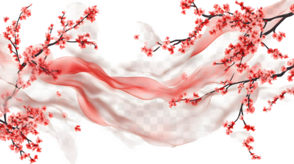 A Kyoto-style silk scarf with plum blossom motifs, delicate fabric movement, isolated on transparent background