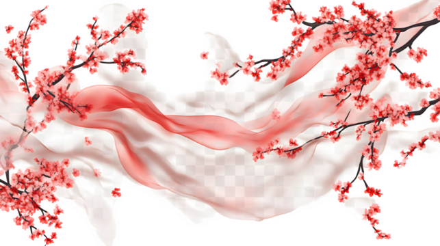 A Kyoto-style silk scarf with plum blossom motifs, delicate fabric movement, isolated on transparent background