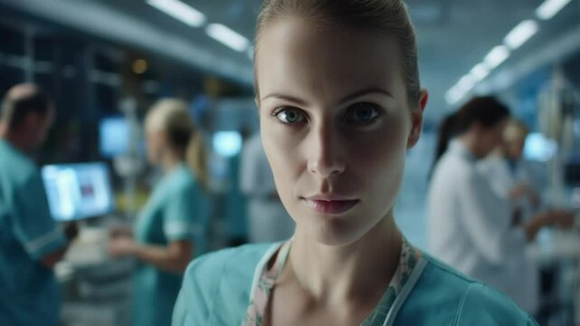 Focused Gaze of a Medical Professional: A determined medical professional, radiating professionalism and determination, stands confidently in a clinical setting.