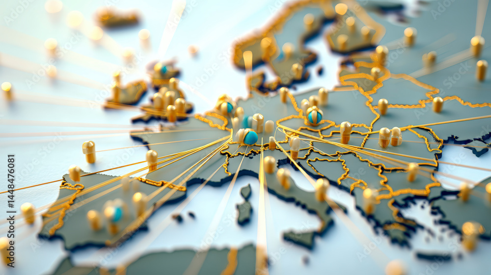 Poster 3d illustrated map focusing on europe with connected lines and pins symbolizing global networking, c