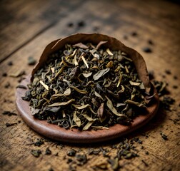 Macro shot of a small pile of tea leaves on a polished wooden surface, showcasing intricate details. Generative AI