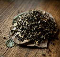 Macro shot of a small pile of tea leaves on a polished wooden surface, showcasing intricate details. Generative AI