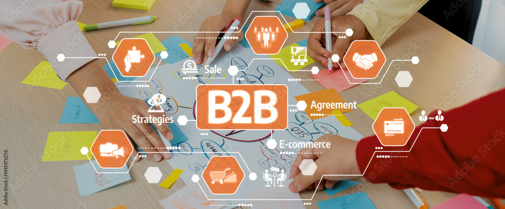 Poster engaging team collaboration on business strategies using colorful sticky notes in a dynamic b2b e-co