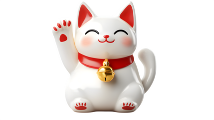 A lucky Maneki-neko figurine, glossy ceramic white cat with golden bell and red bib, paw raised, smiling face, isolated on transparent background
