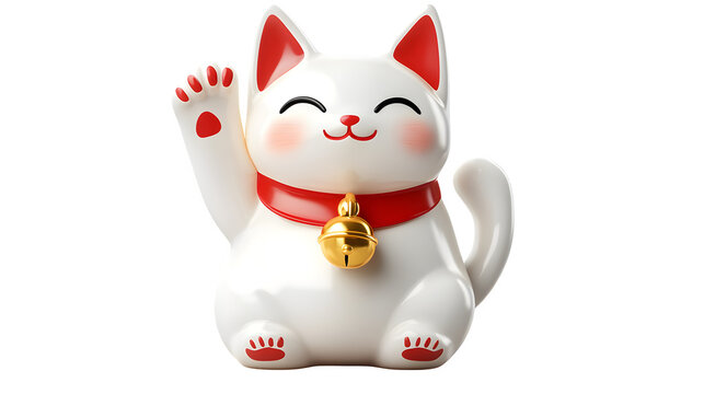 A lucky Maneki-neko figurine, glossy ceramic white cat with golden bell and red bib, paw raised, smiling face, isolated on transparent background