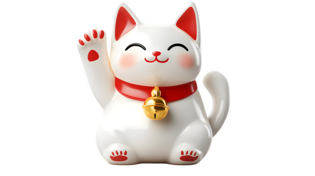 A lucky Maneki-neko figurine, glossy ceramic white cat with golden bell and red bib, paw raised, smiling face, isolated on transparent background