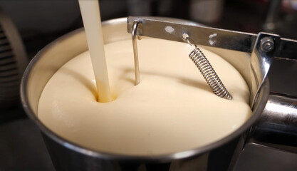 Smooth dessert batter is poured into a stainless steel container, showing a close-up of food preparation in a commercial kitchen.