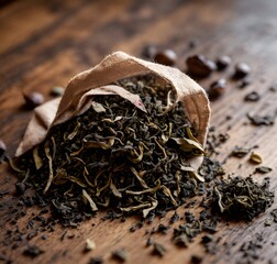 Macro shot of a small pile of tea leaves on a polished wooden surface, showcasing intricate details. Generative AI