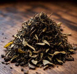 Macro shot of a small pile of tea leaves on a polished wooden surface, showcasing intricate details. Generative AI