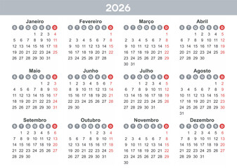 Portuguese Calendar 2026 Year mockup. Annual horizontal template with round days of the week. Modern design. Editable format. EPS10.